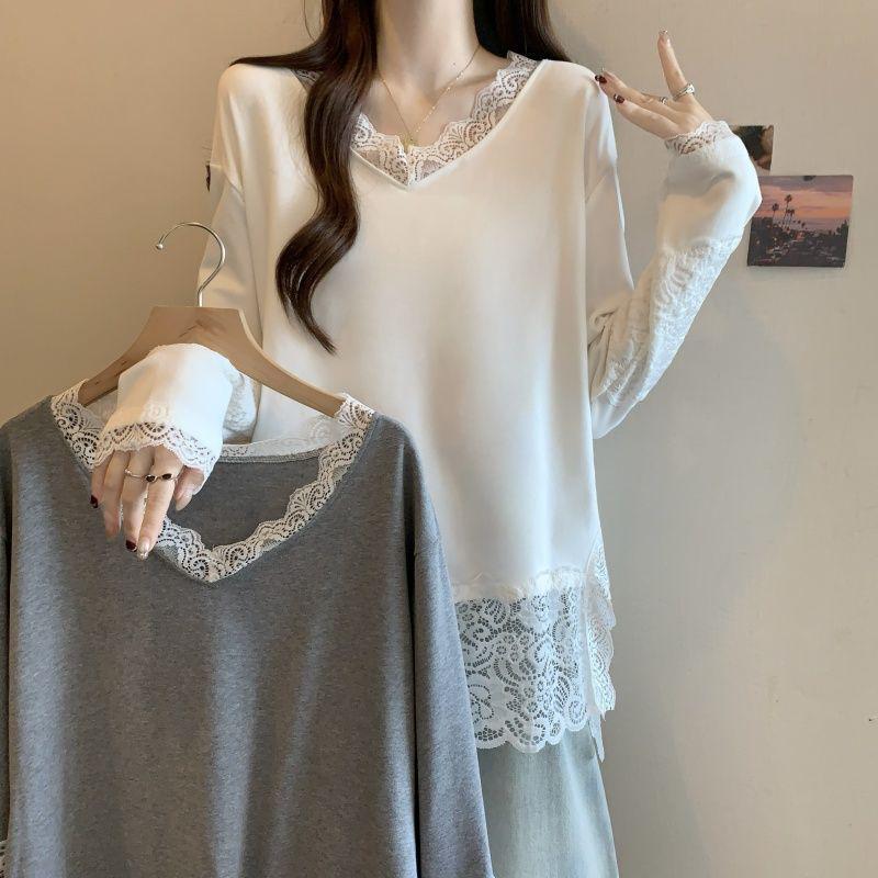 Plus Size V-Neck Velvet Lace Patchwork Long Sleeve Top for Women - Autumn/Winter 2025 Fashion