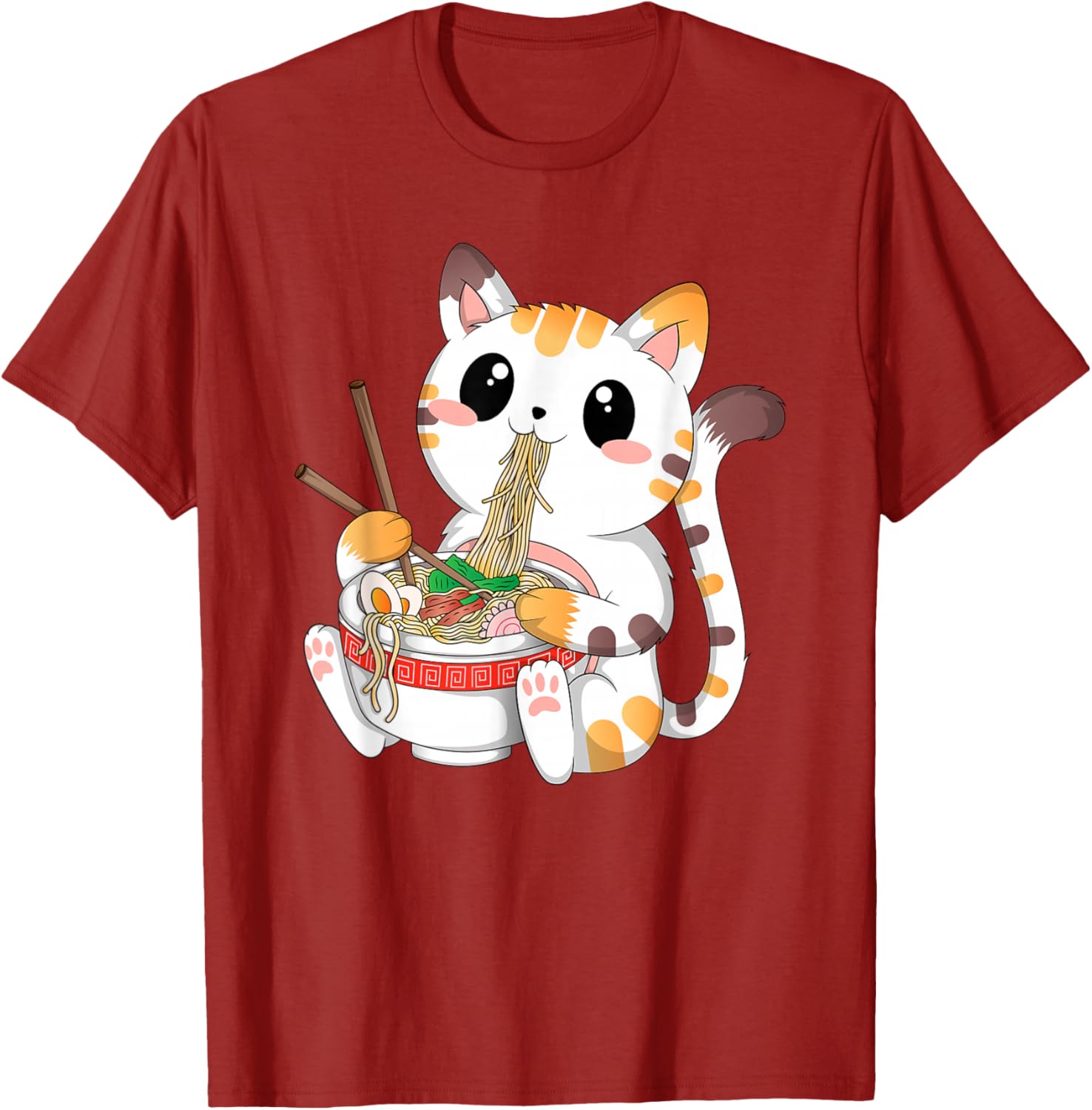 Cute Ramen Eating Kawaii Cat Graphic Tee Anime Neko Lovers Casual Cotton T-Shirt S
