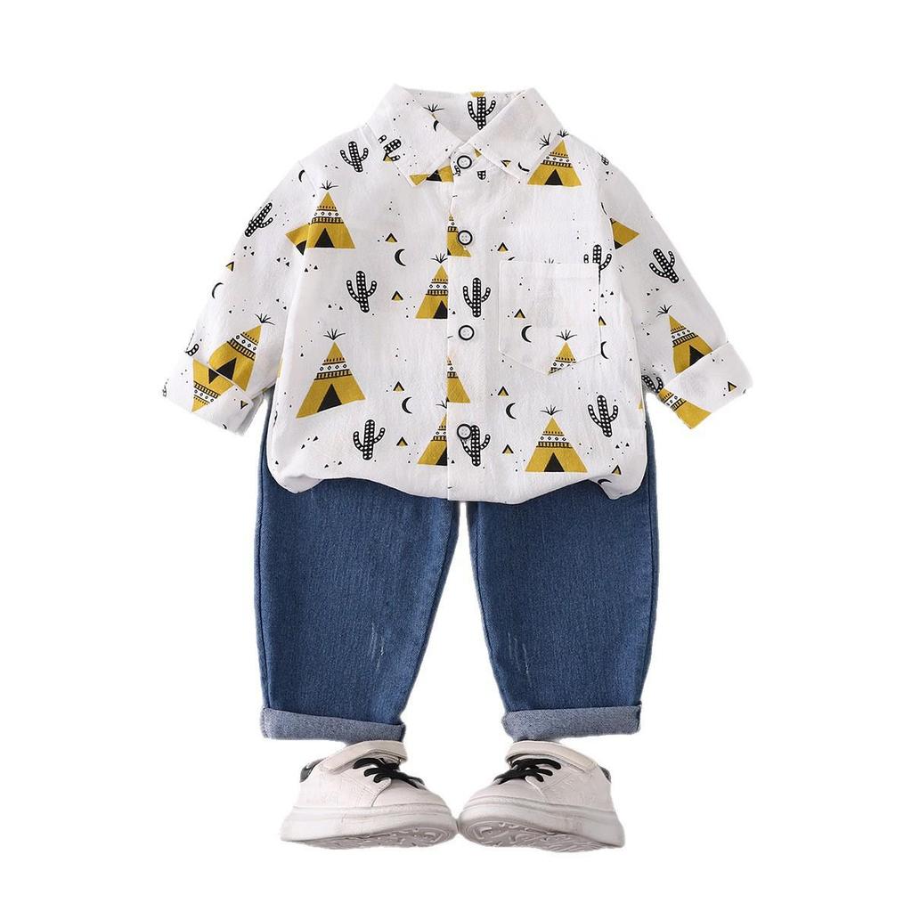 Boys' Cactus Print Long Sleeve Top & Casual Jeans Two-Piece Set
