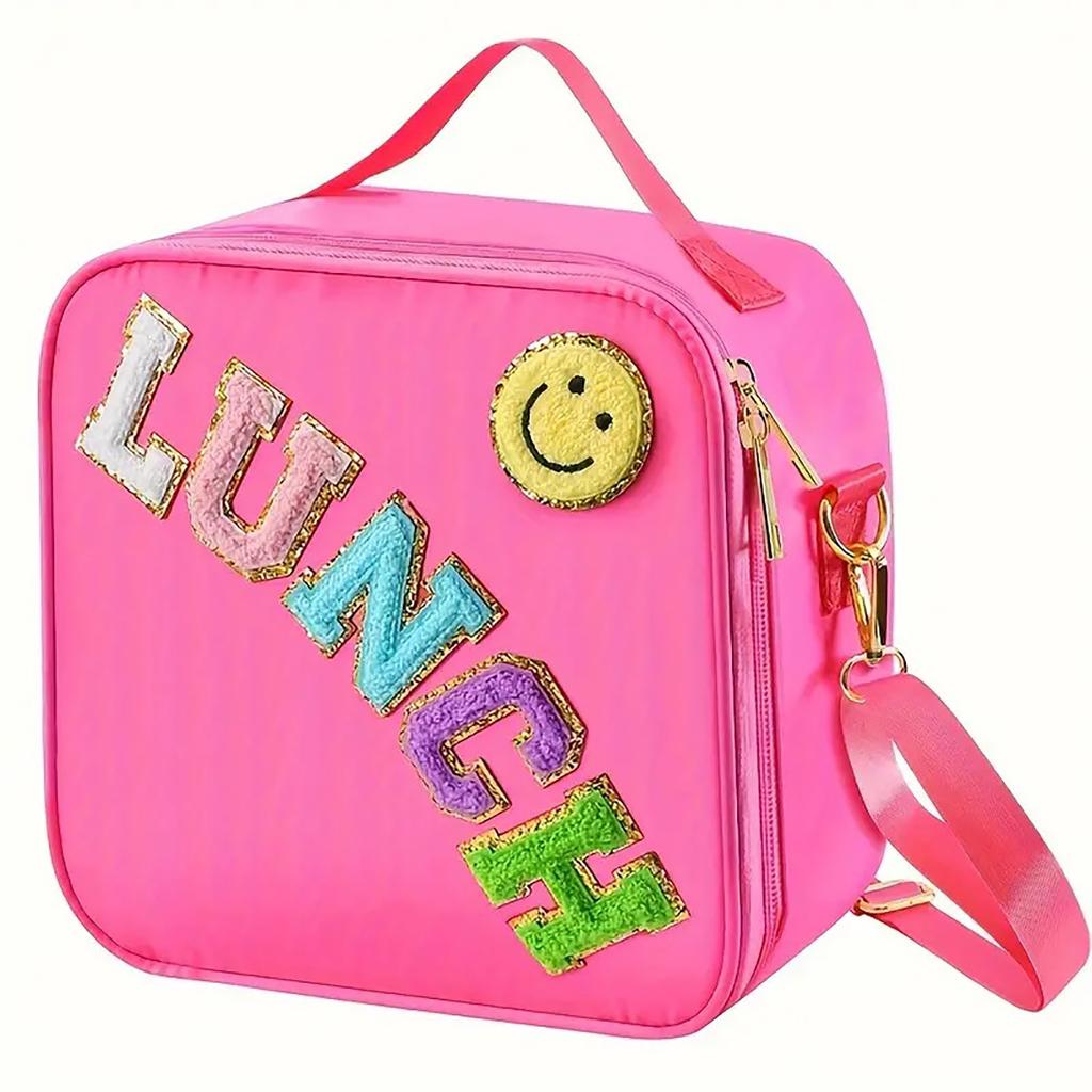 Adjustable Strap Insulated Lunch Bag, Nylon Lunch Box Insulated Bag, With Chenille Letter Patch Decor, For School Travel PicnicB