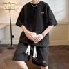 2Pcs/Set Men Summer Daily Use Outfit O-neck Short Sleeve T-shirt Elastic Drawstring Waist Wide Leg Shorts Set Letter Print Activewe B Practical Use