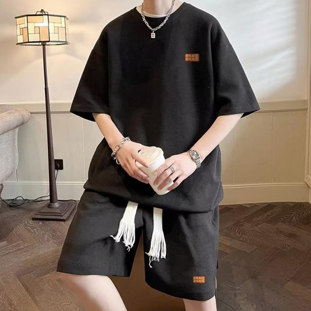 2Pcs/Set Men Summer Daily Use Outfit O-neck Short Sleeve T-shirt Elastic Drawstring Waist Wide Leg Shorts Set Letter Print Activewe B Practical Use