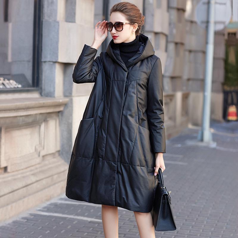 

«Женская зимняя куртка-пуховик из овчины с капюшоном 2025 года: Пальто средней длины, свободного кроя, из натурального белого утиного пуха. XXL up to 140 jin