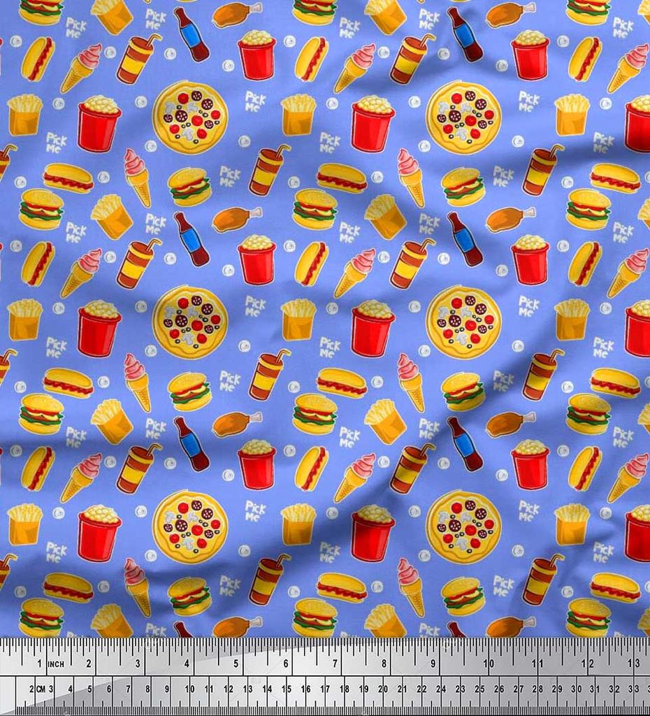 Soimoi Japan Crepe Satin Fabric Cold Drink,Pizza & Burger Food Printed Fabric 1 metre 42 Inch