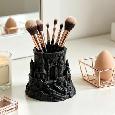 Dark Castle Pen Holder Large-Diameter Storage Desktop Organizer with 3D Micro-Landscape Design Distressed Black Gray Texture Durable Fantasy Decor