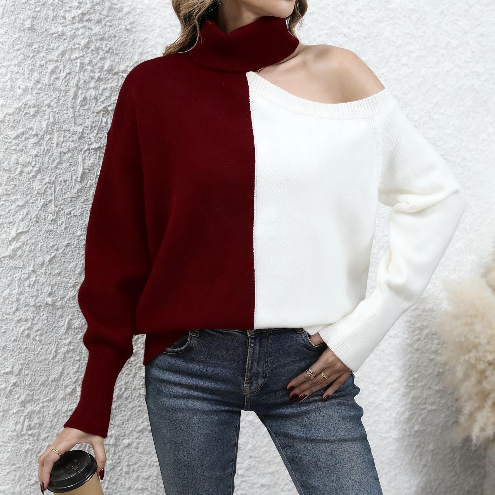 

Женский повседневный свободный свитер с открытыми плечами, высоким воротом, длинными рукавами и свободного кроя, пуловер с цветными блоками XL красный