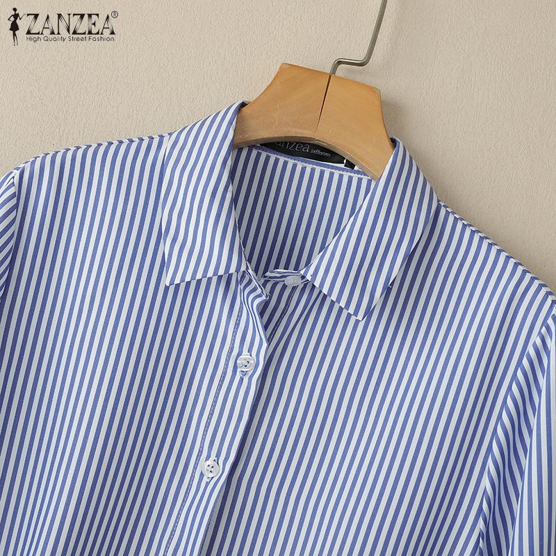 ZANZEA Women Turn Down Collar Loose 3/4 Sleeve Stripe Blouse
