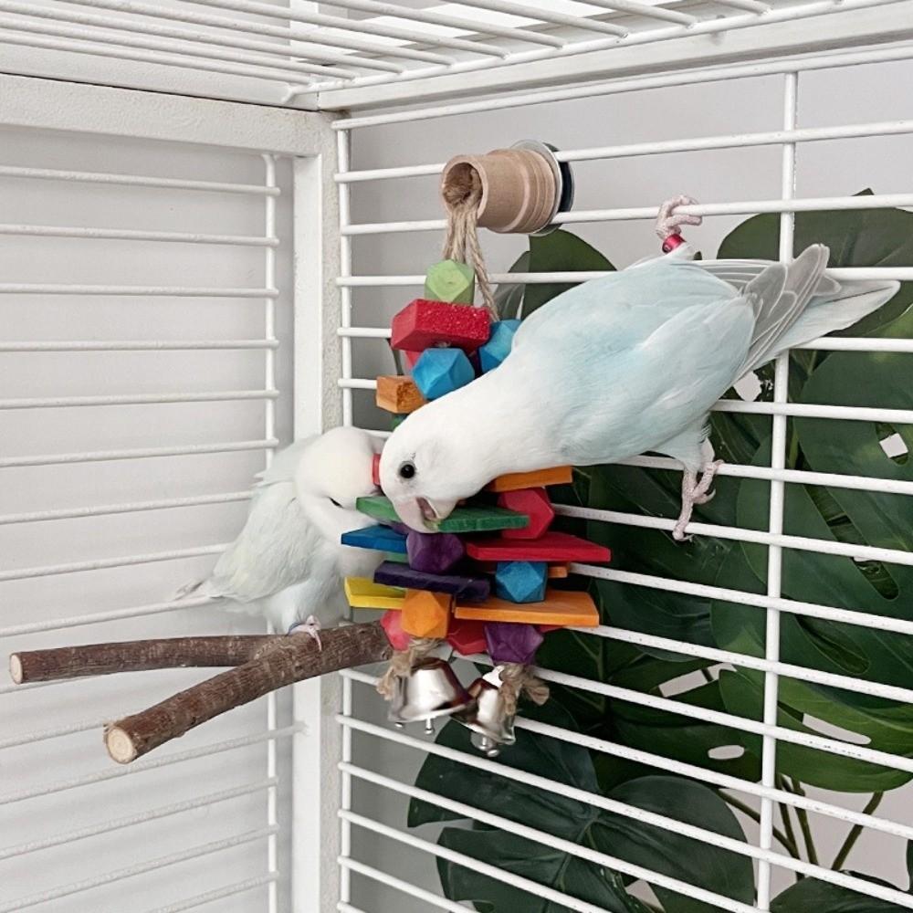 Multi Colored Parrot Chew Toys Bite Resistant Hanging Rainbow Bite String Blocks with Bells Parrot Standing Branches Training