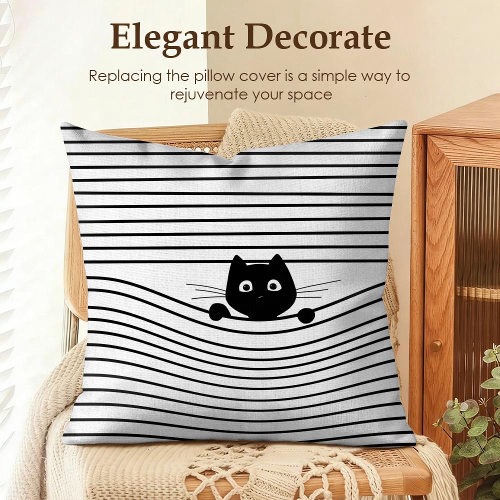 Fashion Art Line Cat Cushion Cover Natural Linen Organic Fabric DoubleSided Printing Sofa Home Decor Gift Pillow Case