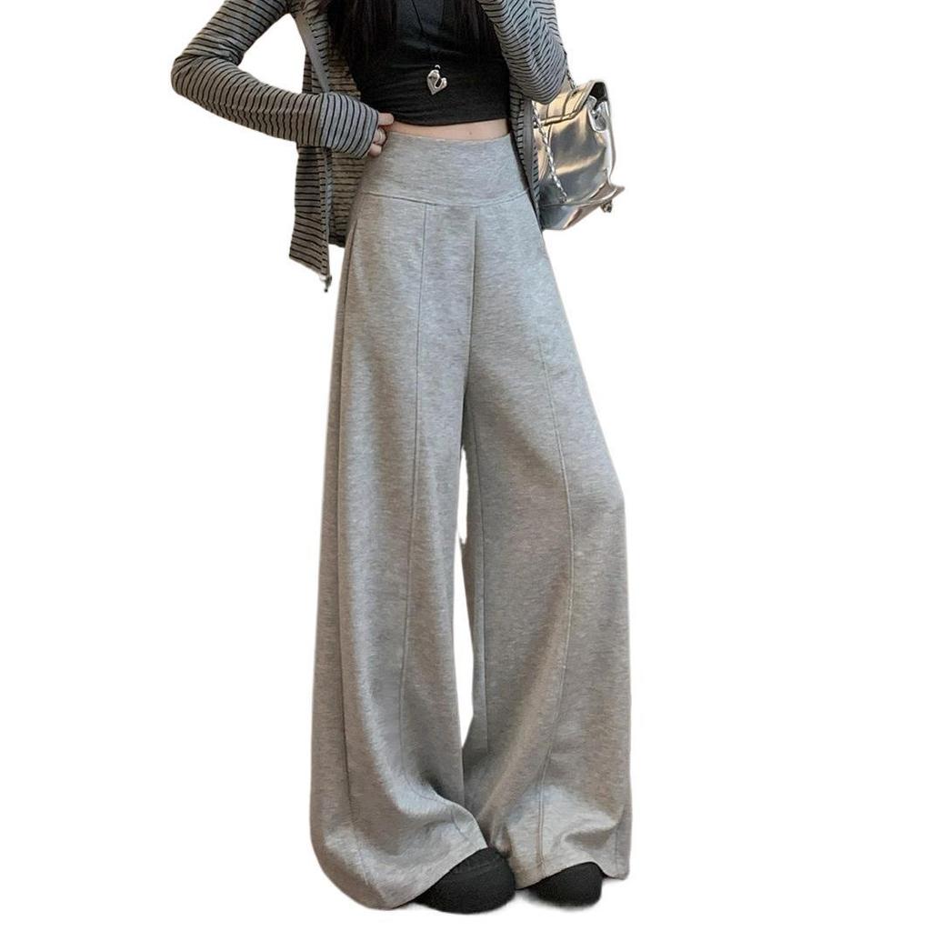 Women's Casual High-Waisted Light Gray Wide-Leg Sweatpants - Petite Spring Sportswear