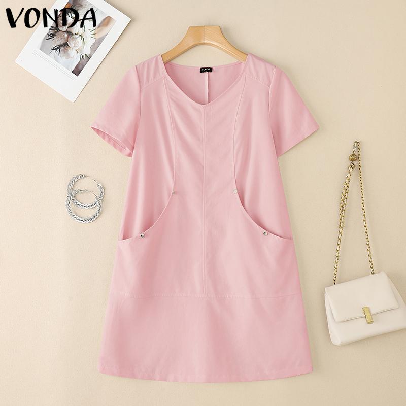 

VONDA Women Elegant Round Collar Short Sleeve Big Pockets Casual Mini Dress 5XL розовый