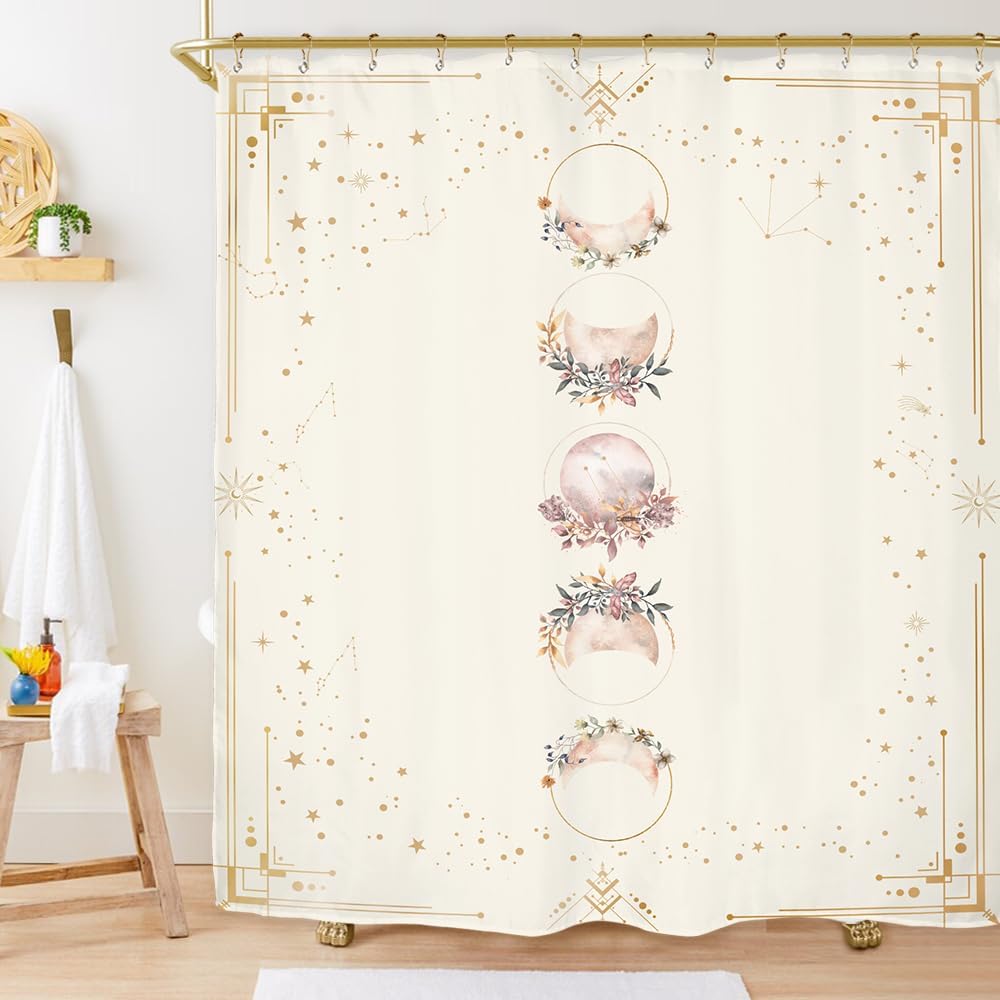 Witchy Gothic Shower Curtain - Moon Phase & Teal Wildflower Design,Mysterious Night Botanical Polyester,60x71 Inch with 12 Hooks