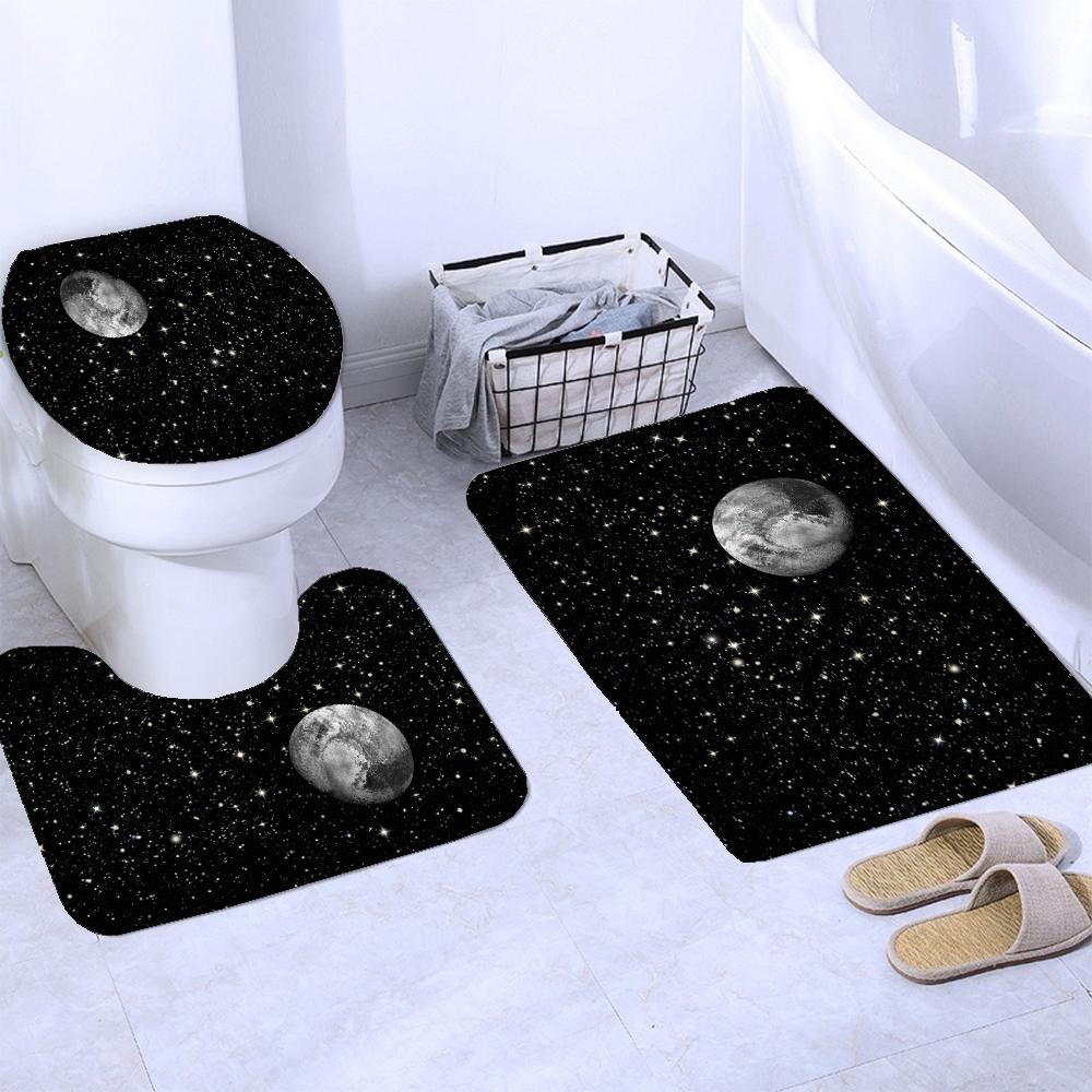Waterproof Shower Curtain Set Moonlight Sea Starry Sky Scenery Bath Rug And Mats With Hooks Toilet Seat Cover Bathroom Decor