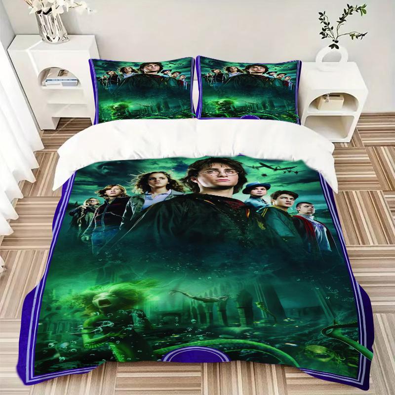 3pcs Green Harry Potter Bedding Set - 1 Soft Quilt Cover + 2 Pillowcases, Machine Washable - Suitable for All Seasons, Perfect Gift for Fami