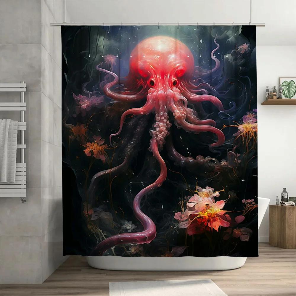 Stylish Underwater Octopus Shower Curtain 3D Printed Waterproof Fabric for Bathrooms Decor Pink Ocean Tentacles Flower Design (S