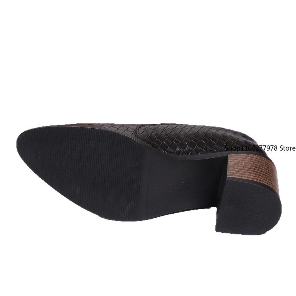 Fashion High-heeled Shoes Women's 2025 All-match Thick-heeled Pointed Leather Shoe Mid-heeled Professional Espadrille Women's Loafers
