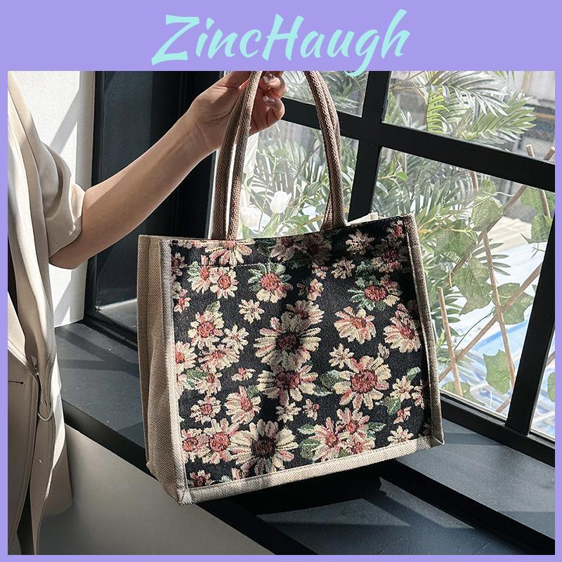 Artistic Linen Handbag With Zipper Inner Pocket For Student And Urban Outings