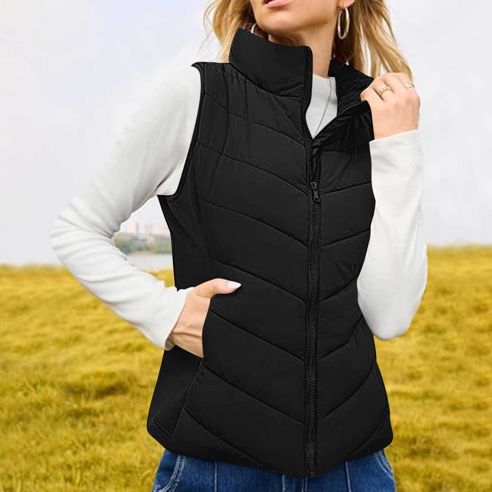 

Women s Fashionable Solid Color Stand Up Collar Sleeveless Zipper Pocket Jacket Vest Jacket M чёрный