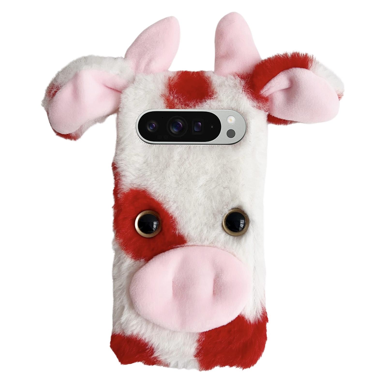 

For Google Pixel 10/10 Pro Case Fluffy Cute Cow Winter Plush Inner TPU Phone Cover Red