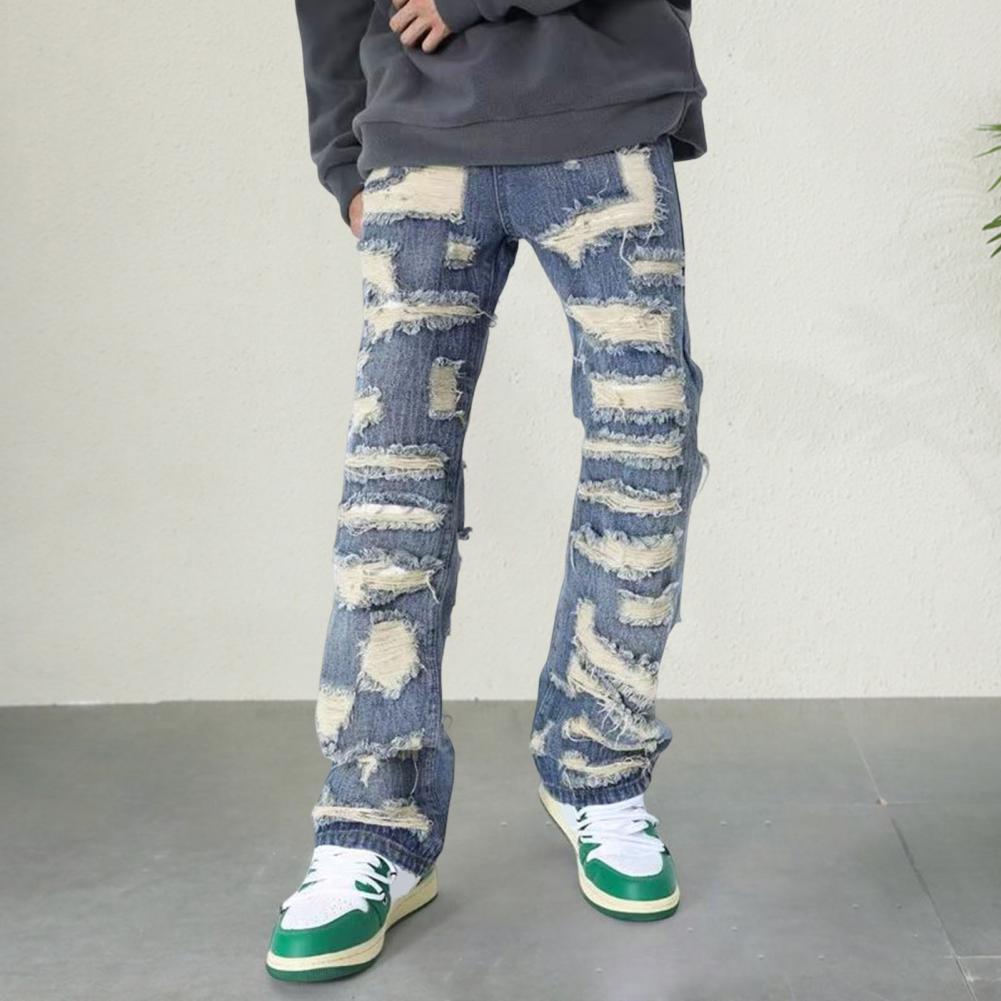 Pánské džíny Distressed Washed Vintage Denim Kalhoty se 4 hlubokými kapsami Džínové kalhoty s rovnými nohama ve stylu High Street