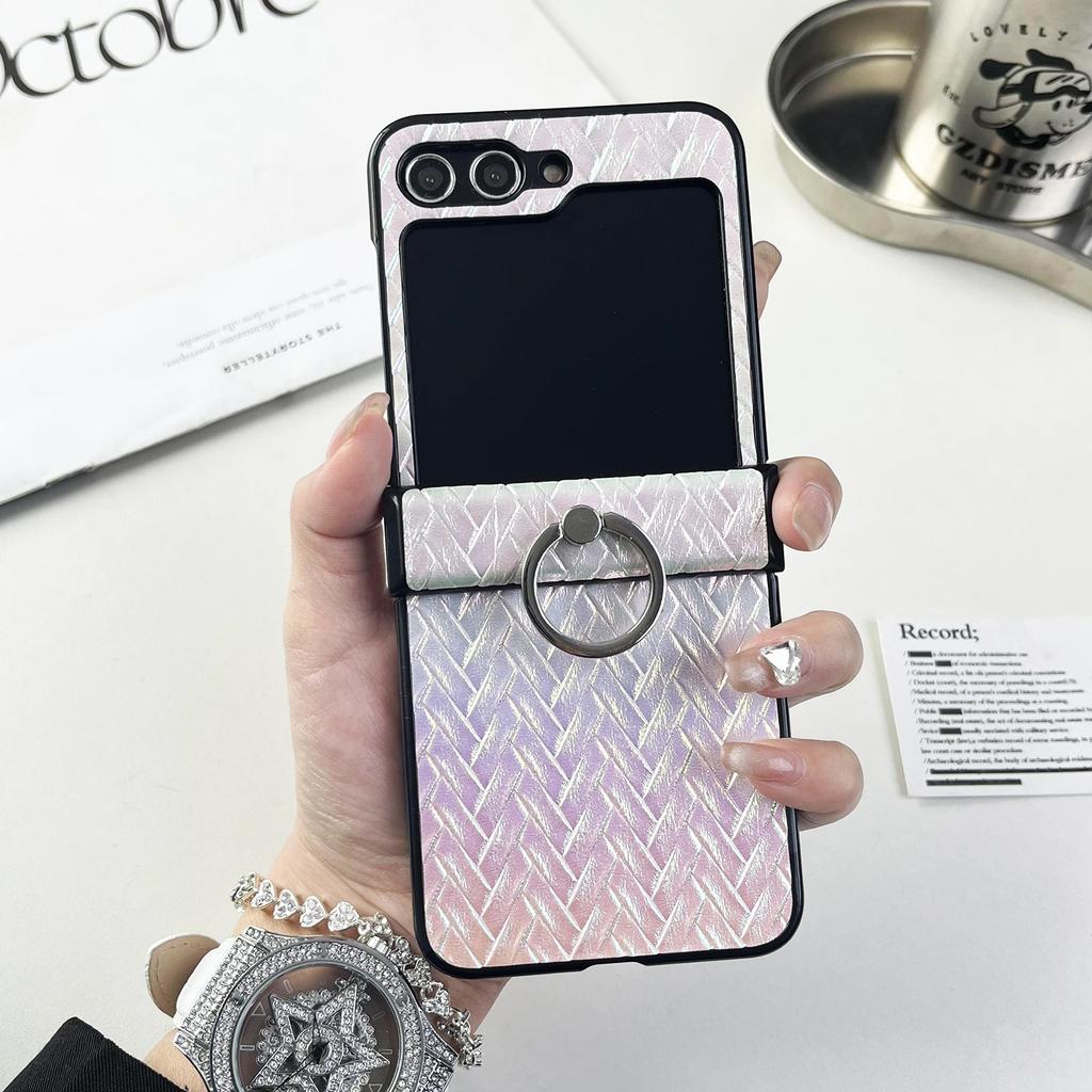 Ring Holder Weave Leather Plastic Phone Case for Samsung Galaxy Z Flip 6 5 4 3 Flip6 Flip4 Flip5 Hard Shell Shockproof Cover