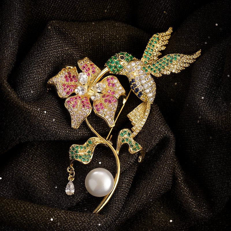 Bo Xin Yun Bird Brooch with Zircon, Freshwater Pearl, Agate, and Flower Design