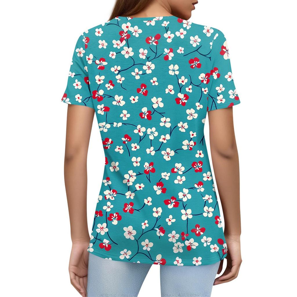 Damen T-Shirt mit Aufdruck und Knopfleiste, kurzärmelig, für den Alltag, Wochenendmode, Basic, V-Ausschnitt, normales Oberteil