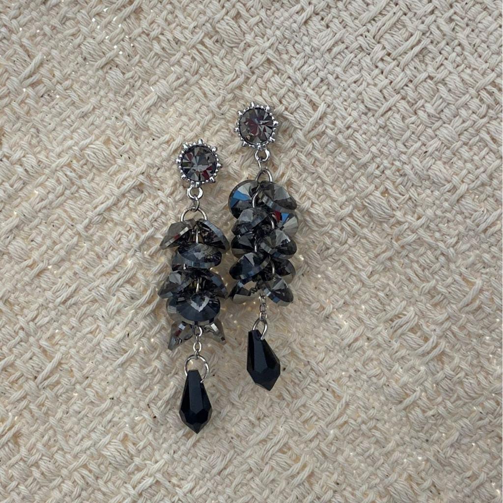 Light Luxury Black Zircon Earrings With Diamonds, Water Drop Tassel Crystal Exaggerated Long Earrings, Light Luxury Style