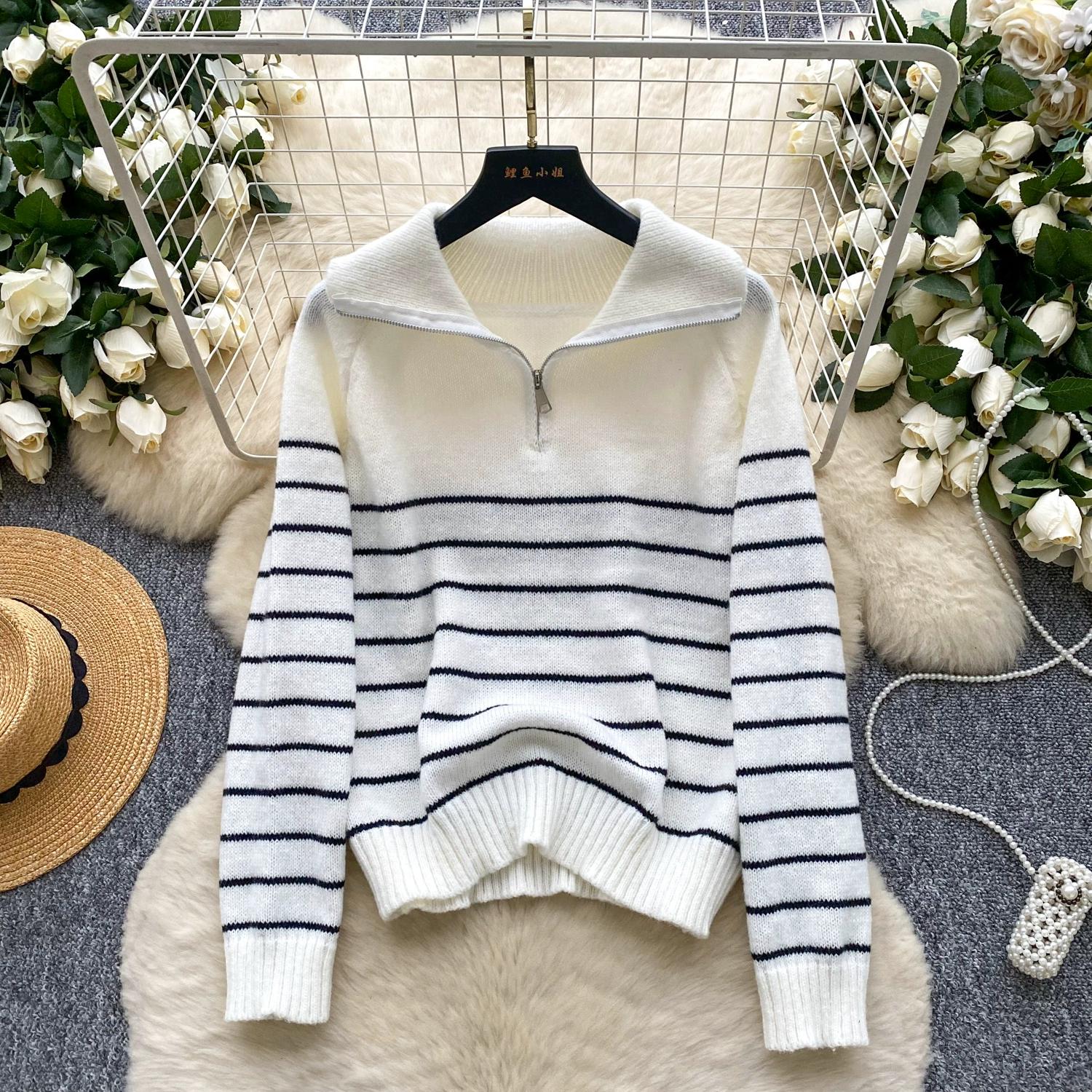 Осень Зима Женщины Женщины Отложной воротник Полосатый Вязаный свитер Молния Пуловер Топы для девушки One Size