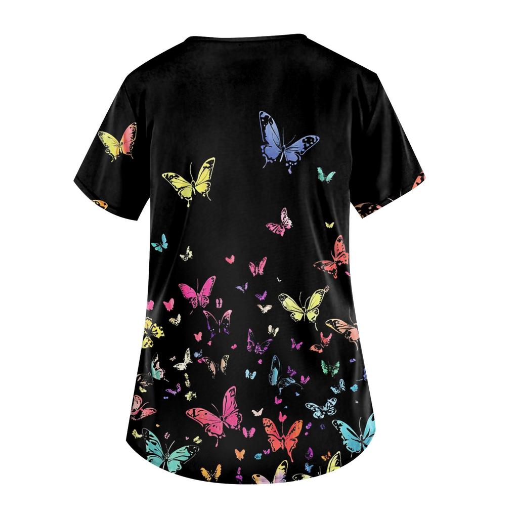 Plus Size Printed Scrub Working Uniform Tops For Women's V-Neck Short Sleeve Fun T-Shirts Workwear Tee With Pockets