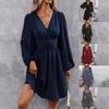 New Arrival European American Style Fashion INS Lantern Sleeve Ruching High Waist V Neck Sexy Women's Dress
