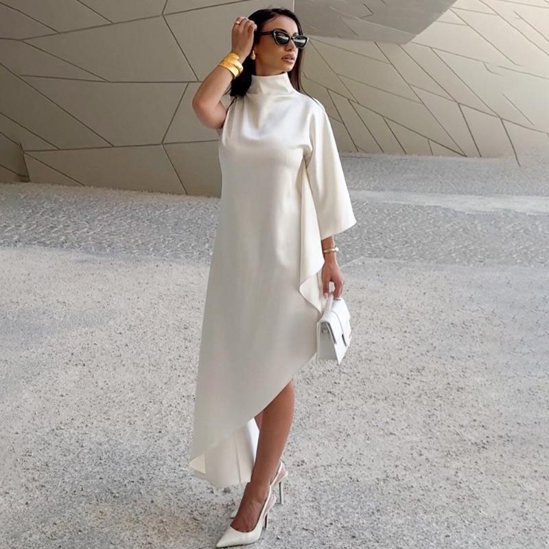 2025 Fall Women's Solid Color Semi-High Neck Asymmetric Hem Loose Bodycon Dress