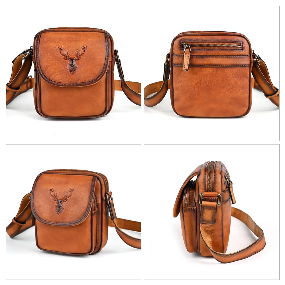 Whatna Antique-Style Tanned Natural Cowhide Leather Mini Shoulder Bag for Men, Small Messenger Bag, Vertical Design, Fits iPad Mini, Genuine Leather,