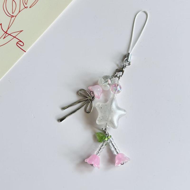 1 Piece Cute Star Bowknot Flower Pendant Mobile Phone Chain Charm Beaded Keychain Phone Strap Lanyard Earphone Hanging Decor