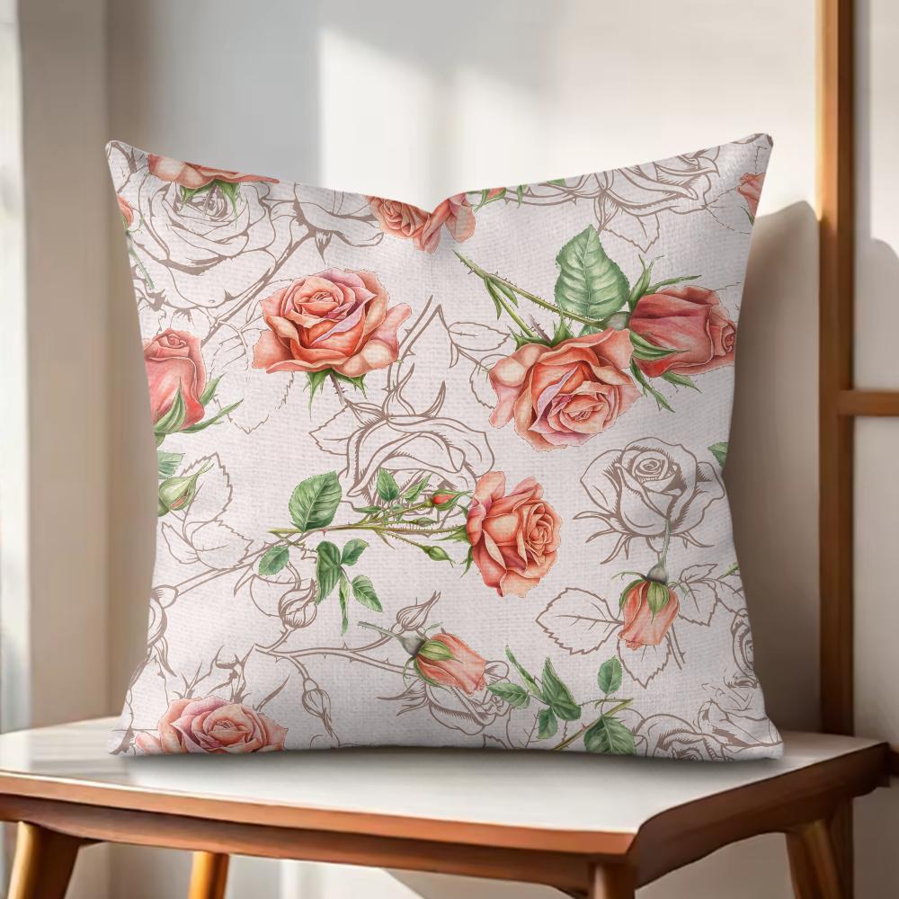 Classic Roses Flowers Cushion Cover Natural Linen Organic Fabric DoubleSided Printing Couch Pillow Covers Home Decor