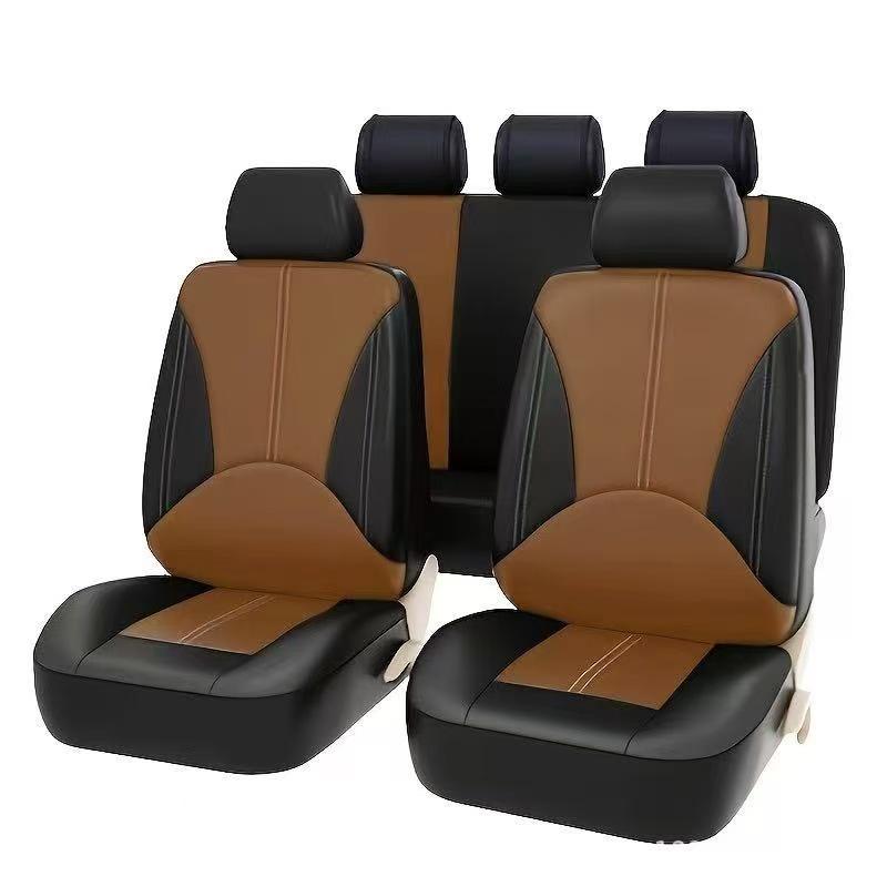 Beige Stitched PU Leather Car Seat Cover - Universal Fit for 5-Seater, All-Season Use