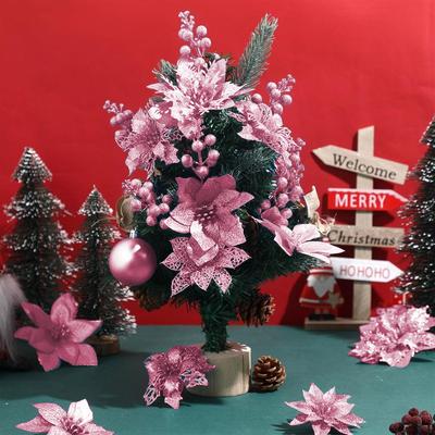 5 Peças Flores Artificiais Rosa com Glitter Ornamento de Frutas Decoração de Árvore de Natal com Clipes Haste para Acessórios de Decoração de Casa de Natal