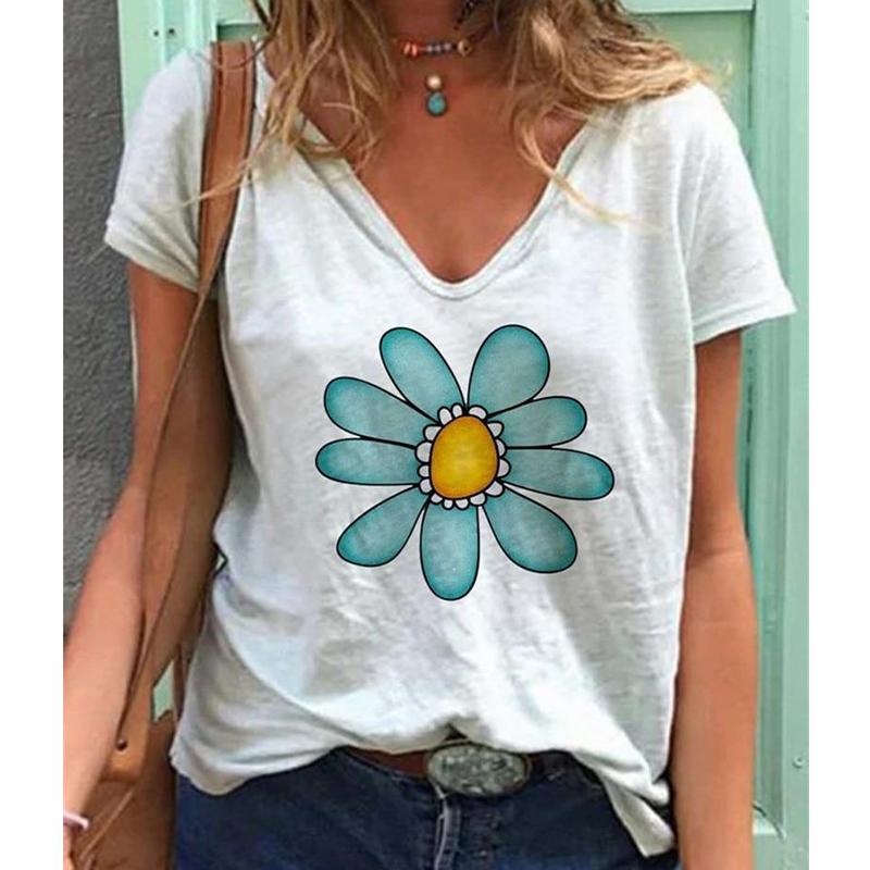 Fashion Spring  Sunflower Print Blouses Short Sleeved V-Neck T Shirts Casual