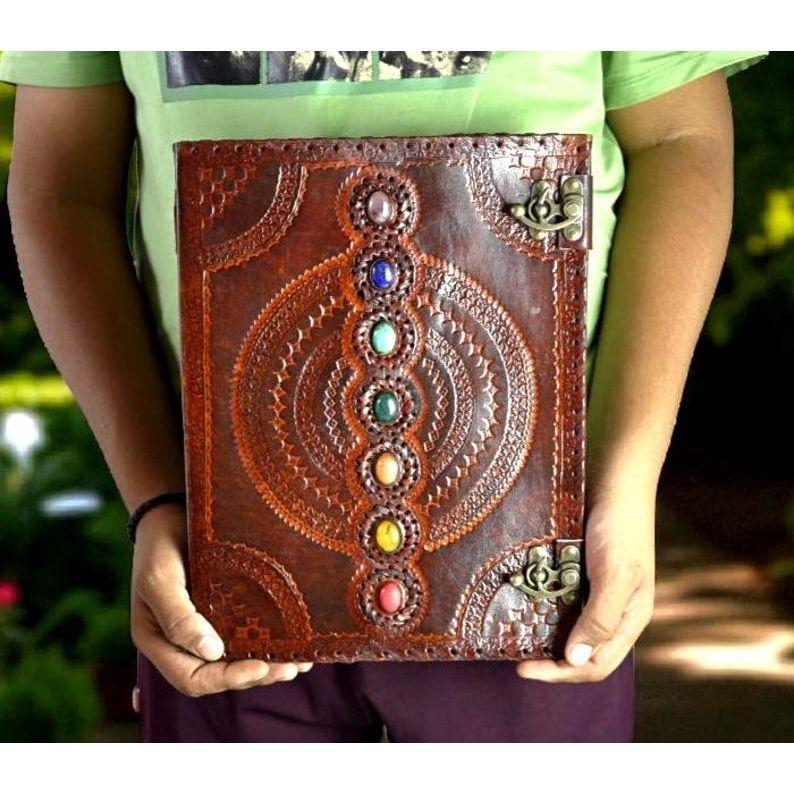 Seven Stone Leather Journal – Large Grimoire Book, Wedding Guest Book, Leather Photo Album, Spell Book, Witchcraft Gift Idea, Book of shadow