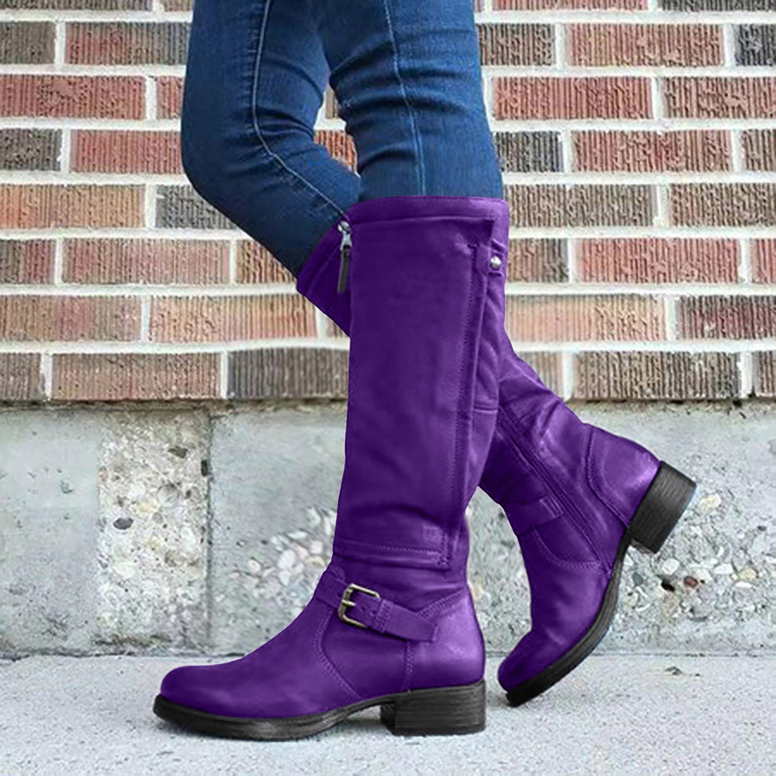 

Thick Heel And Thick Sole Women s Long Boots Retro Casual Leather Round Toe Knee Knee High Boots for Women Wide Calf Size 6 36 фиолетовый