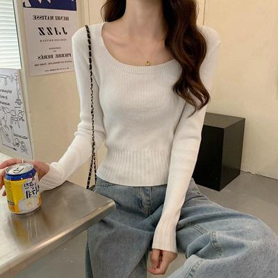 Women Spring Autumn Square Collar Long Sleeve Solid Color Slim Outwear Short Knit Sweater