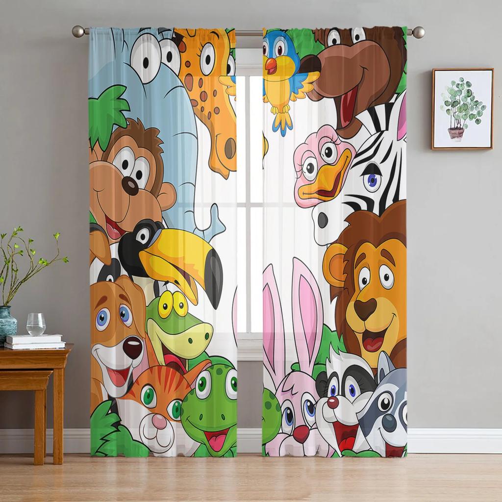Cartoon Animal Hedgehog Fox Rabbit Green Leaf Tulle Sheer Window Curtains for Living Room Bedroom Voile Organza Curtains Drapes