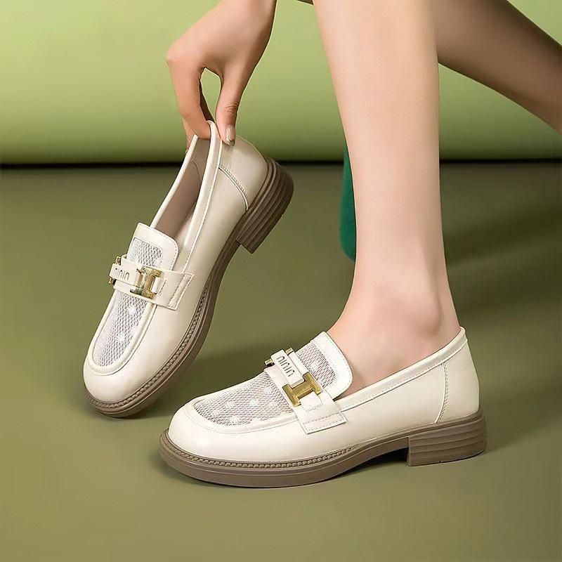 2025 new thick heel summer thin small leather shoes women's mesh breathable casual loafers one-pedal work shoes