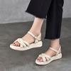 Johnature Casual Versatile Sheepskin Sandals Peep Toe Soft Soled Genuine Leather Flat Women's Shoes