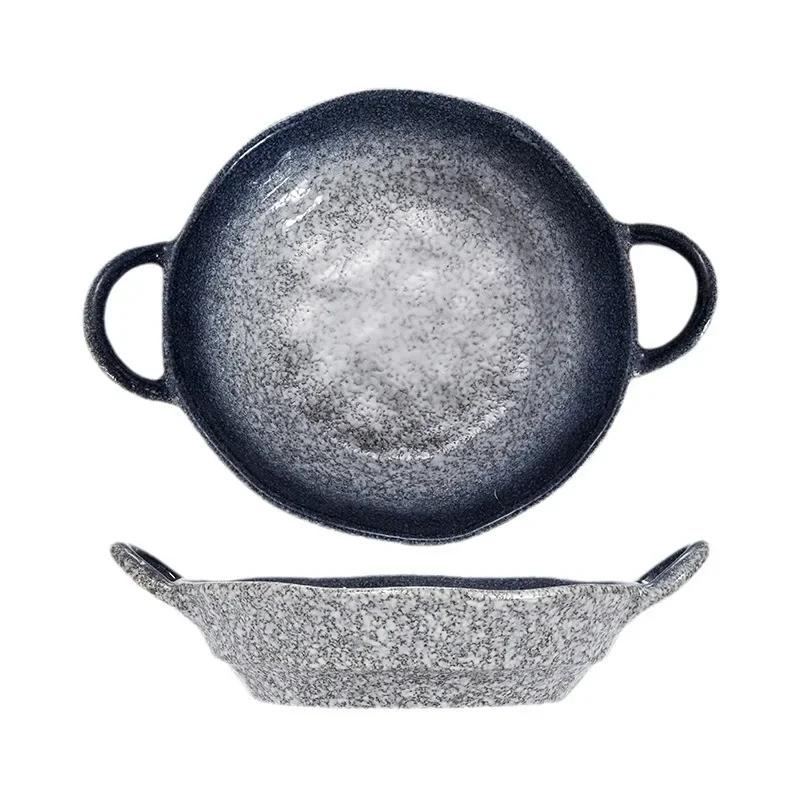 Retro Ceramic Tableware Soup Plates, Large Deep Plates, Dry Pans, Commercial Scalding-proof Double-ear Vegetable Plates.