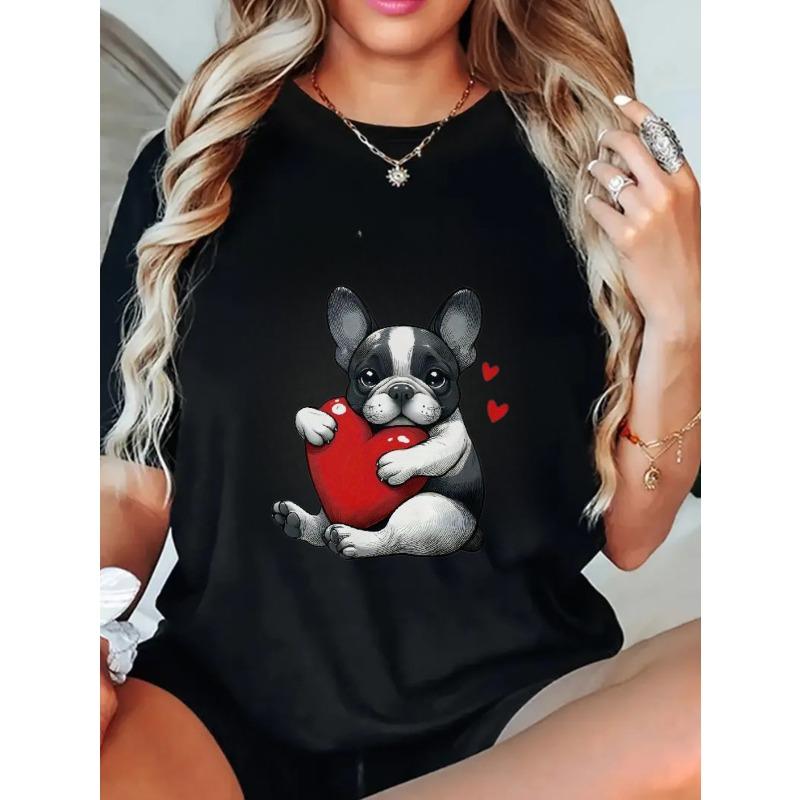 Oversized T Shirt Black French Bulldog Holding Heart Print Casual Wear For Women And Girls Summer Outfit Cute Animal Design Valentine Day Gift Idea