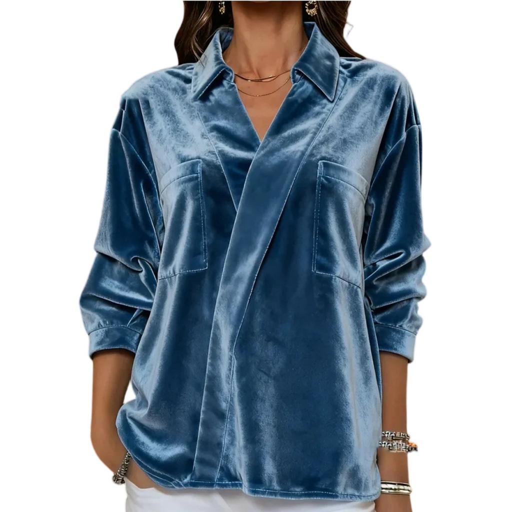 Fashionable Women's V-neck Versatile Velvet Lapel Shirt Women's Long Sleeved Shirt