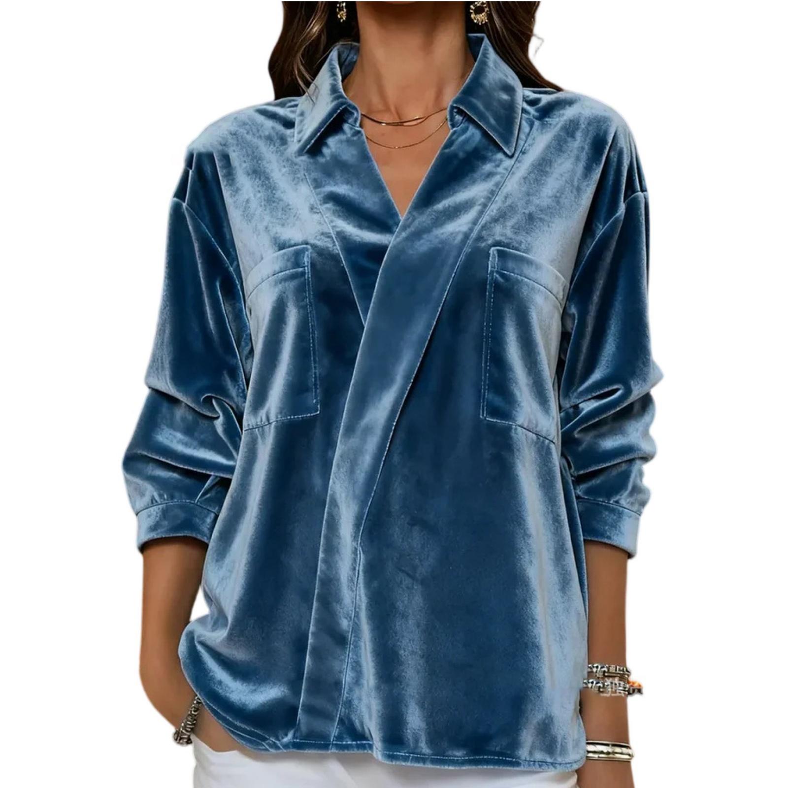 

Модна жіноча сорочка з V-подібним вирізом, універсальна, з оксамитовим коміром, жіноча сорочка з довгим рукавом M синій
