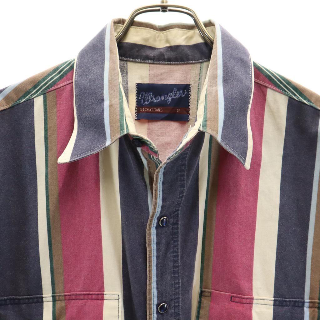Wrangler 90s Old Striped Pattern Short sleeve shirt 17 Navy Men's Used