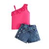 New Summer Girls' Off-Shoulder Camisole Top + Denim Butterfly Shorts Three-Piece Set